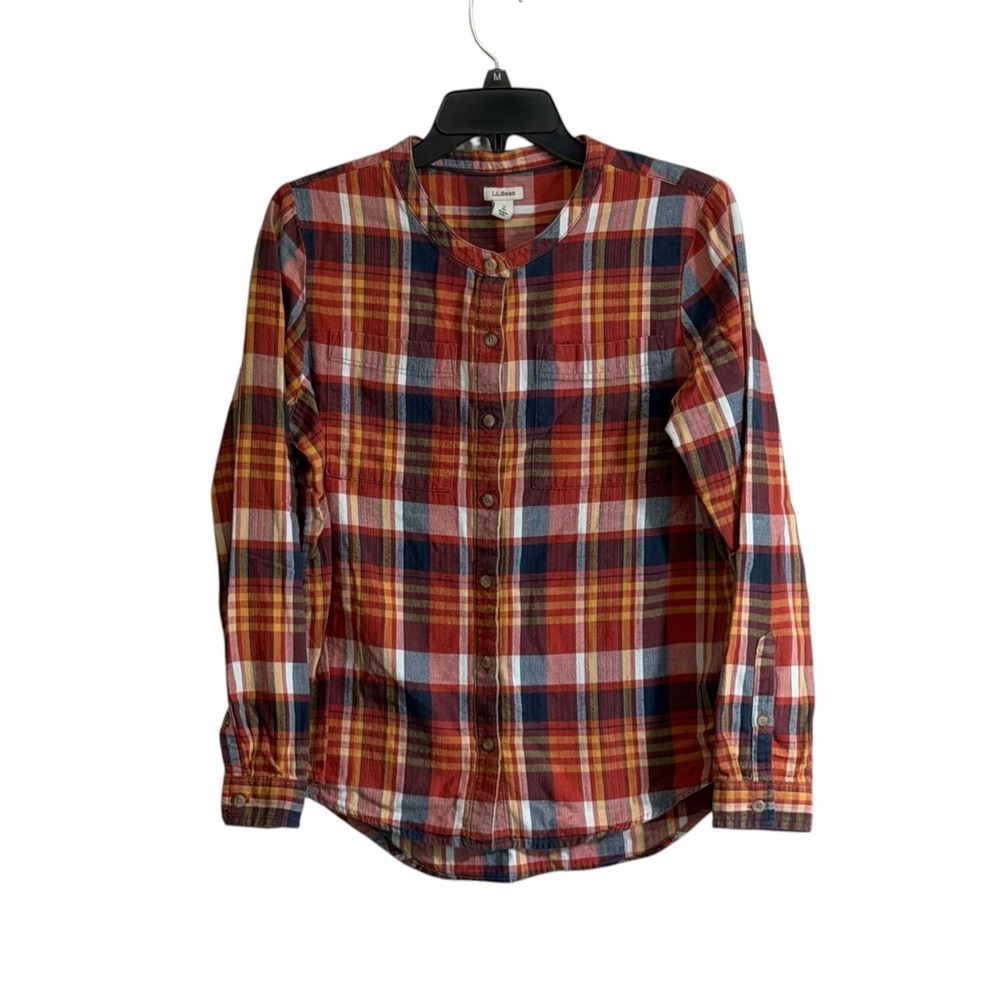 LL Bean Button Up Flannel Shirt Womens Small Orange Plaid Autumn Fall
